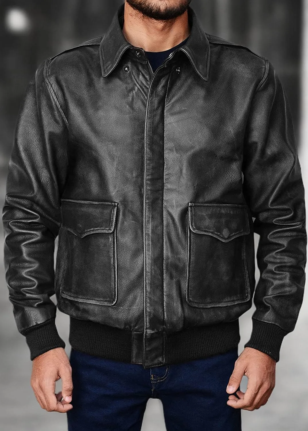 LP-FACON Men's A2 Jacket Flight Pilot Aviator USAAF Air Force Distressed Brown Bomber Leather Outerwear