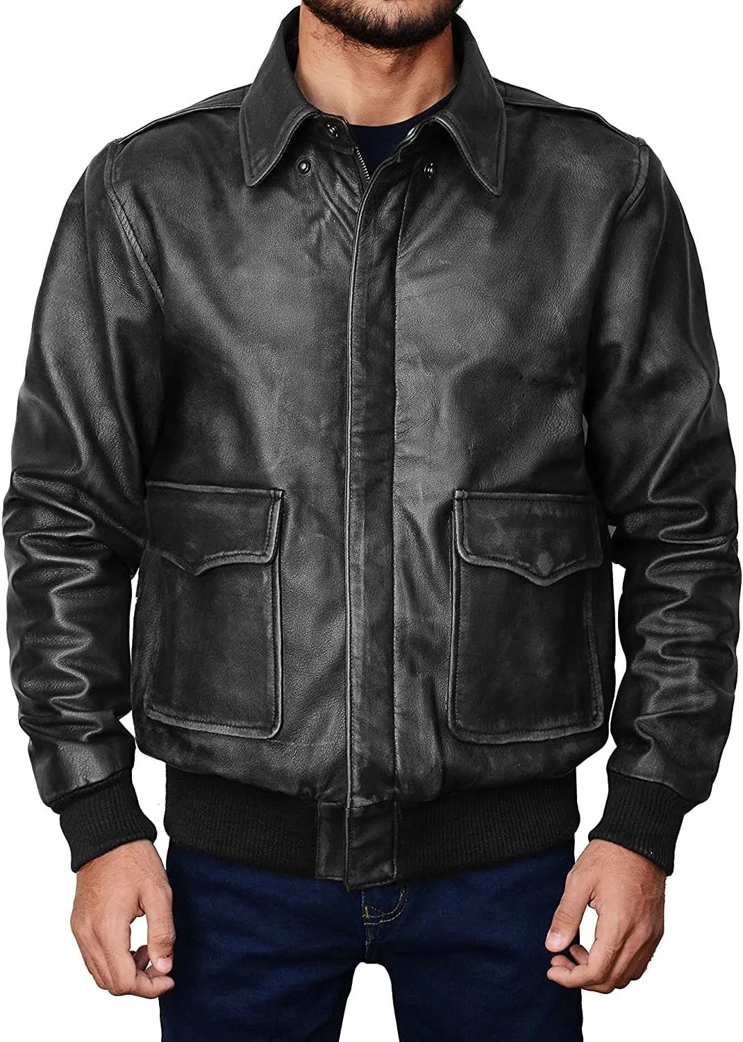 LP-FACON Men's A2 Jacket Flight Pilot Aviator USAAF Air Force Distressed Brown Bomber Leather Outerwear
