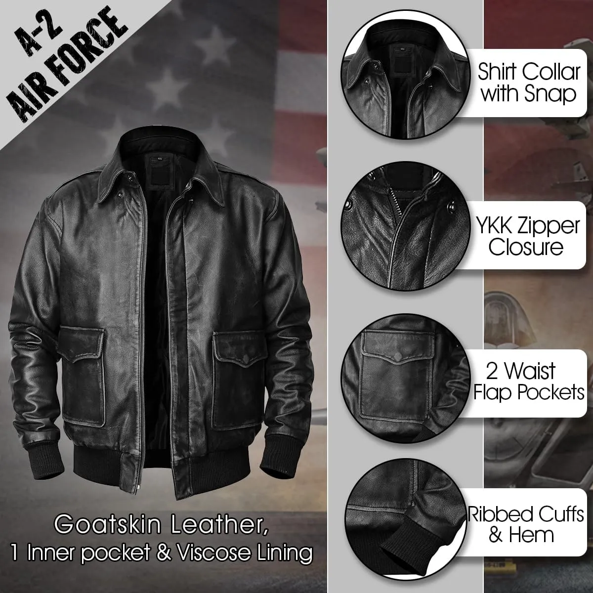 LP-FACON Men's A2 Jacket Flight Pilot Aviator USAAF Air Force Distressed Brown Bomber Leather Outerwear