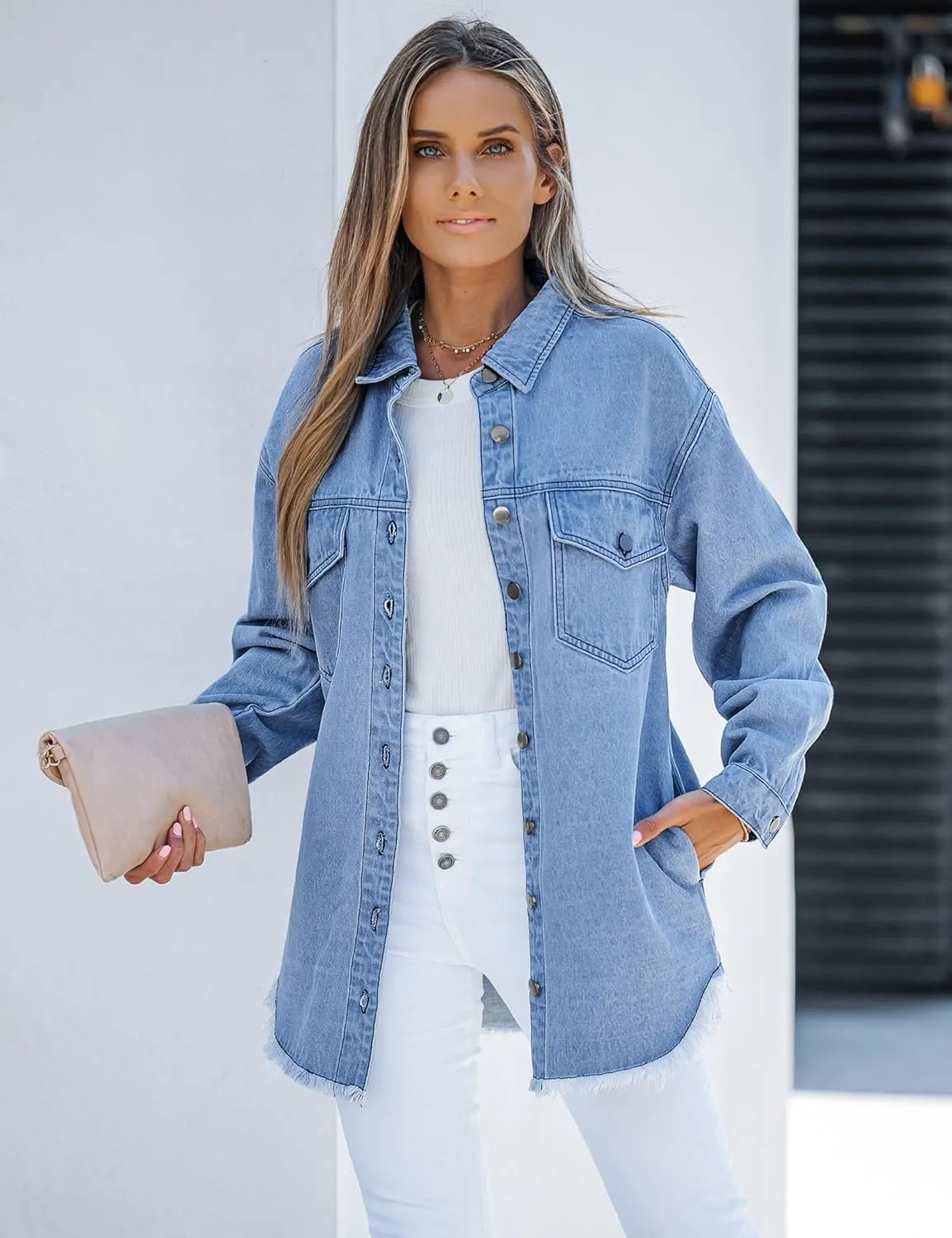 luvamia Denim Jacket for Women Oversized Button Down Casual Jean Shacket Jackets Long Sleeve Frayed Hem Western Trendy
