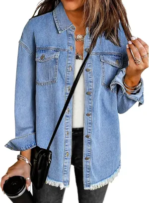 luvamia Denim Jacket for Women Oversized Button Down Casual Jean Shacket Jackets Long Sleeve Frayed Hem Western Trendy