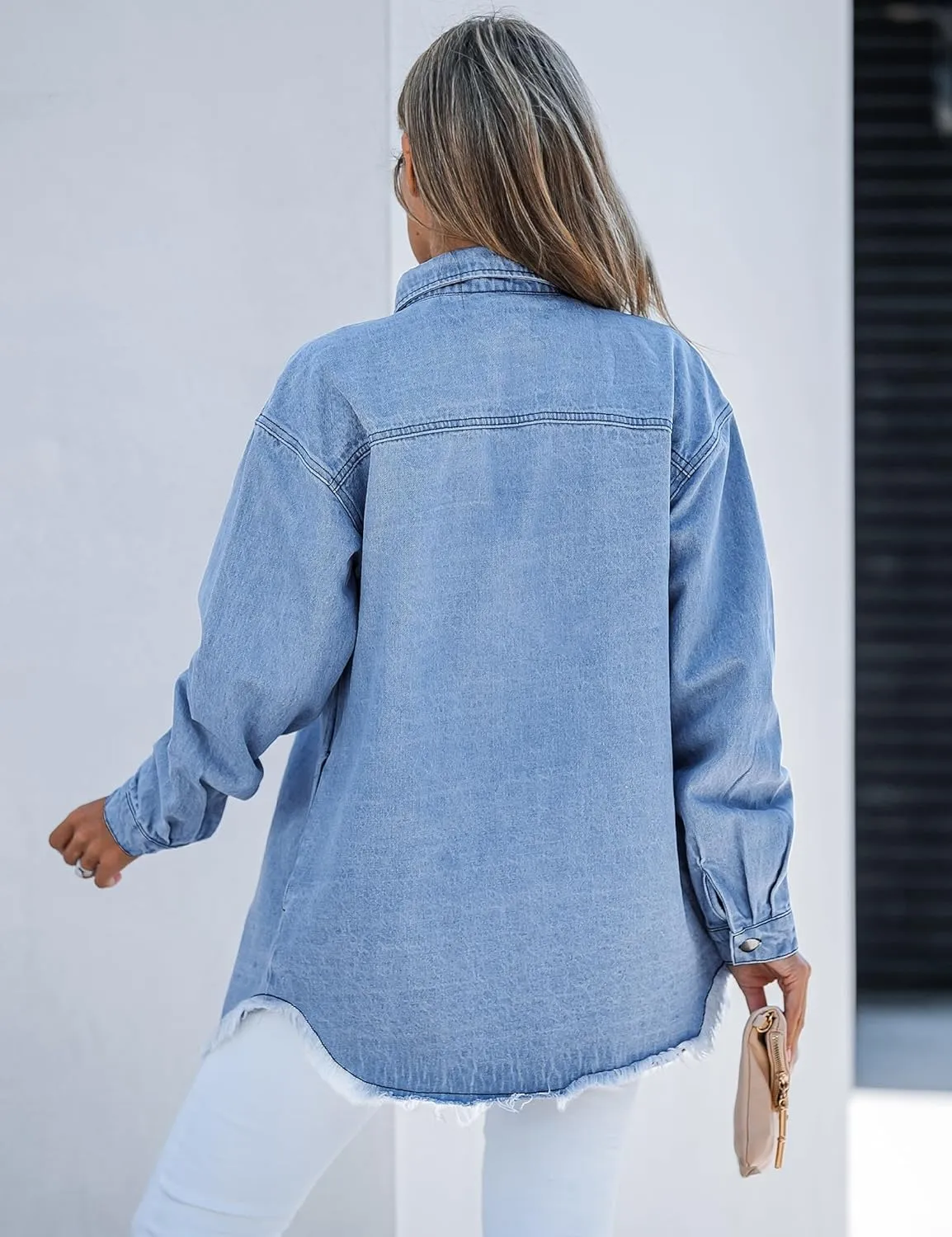 luvamia Denim Jacket for Women Oversized Button Down Casual Jean Shacket Jackets Long Sleeve Frayed Hem Western Trendy