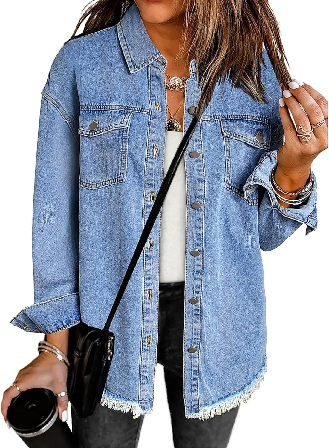 luvamia Denim Jacket for Women Oversized Button Down Casual Jean Shacket Jackets Long Sleeve Frayed Hem Western Trendy
