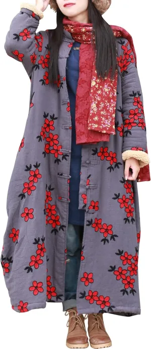 LZJN Women Trench Coat Floral Embroidered Jacket Thick with Pockets (Grey)