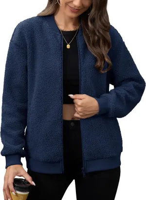 MAGCOMSEN Women's Sherpa Fleece Jacket Long Sleeve Fuzzy Comfy Fall Coat Bomber Zip Up Winter Jackets with Pockets