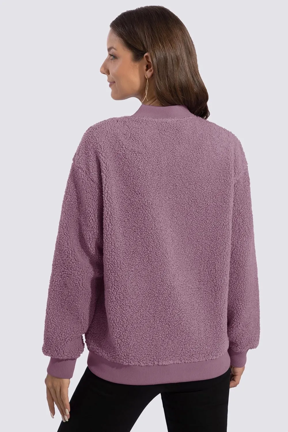MAGCOMSEN Women's Sherpa Fleece Jacket Long Sleeve Fuzzy Comfy Fall Coat Bomber Zip Up Winter Jackets with Pockets