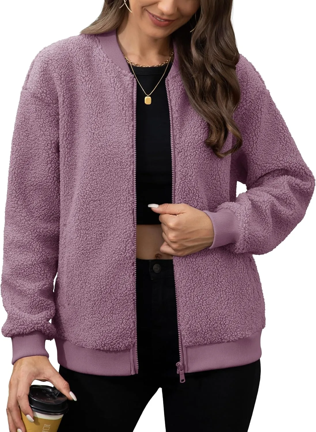 MAGCOMSEN Women's Sherpa Fleece Jacket Long Sleeve Fuzzy Comfy Fall Coat Bomber Zip Up Winter Jackets with Pockets