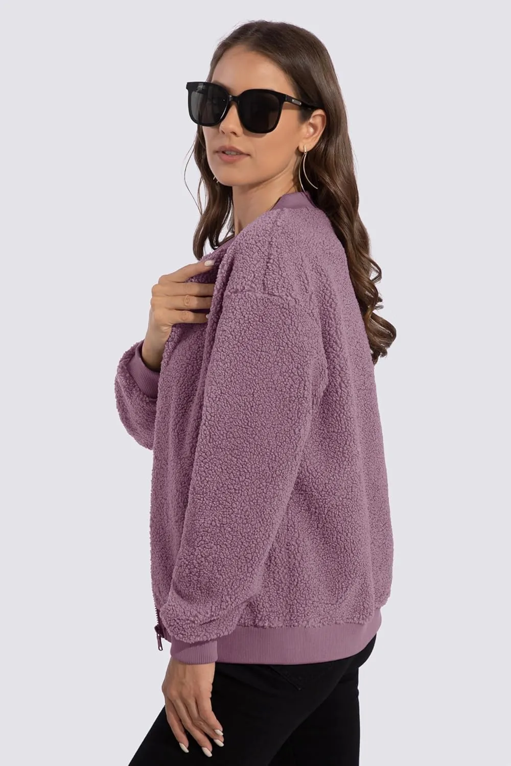 MAGCOMSEN Women's Sherpa Fleece Jacket Long Sleeve Fuzzy Comfy Fall Coat Bomber Zip Up Winter Jackets with Pockets