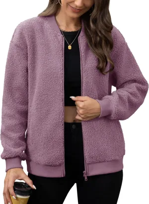 MAGCOMSEN Women's Sherpa Fleece Jacket Long Sleeve Fuzzy Comfy Fall Coat Bomber Zip Up Winter Jackets with Pockets
