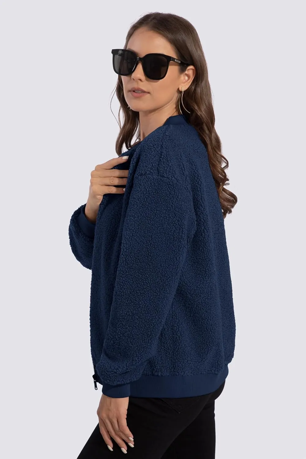MAGCOMSEN Women's Sherpa Fleece Jacket Long Sleeve Fuzzy Comfy Fall Coat Bomber Zip Up Winter Jackets with Pockets