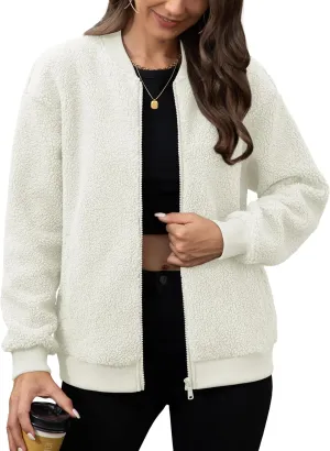 MAGCOMSEN Women's Sherpa Fleece Jacket Long Sleeve Fuzzy Comfy Fall Coat Bomber Zip Up Winter Jackets with Pockets