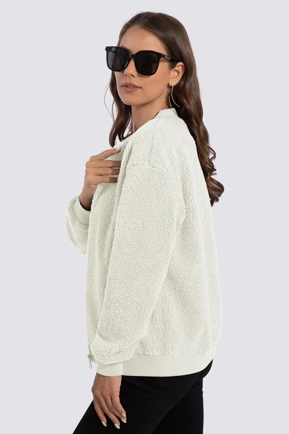 MAGCOMSEN Women's Sherpa Fleece Jacket Long Sleeve Fuzzy Comfy Fall Coat Bomber Zip Up Winter Jackets with Pockets