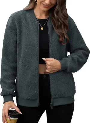 MAGCOMSEN Women's Sherpa Fleece Jacket Long Sleeve Fuzzy Comfy Fall Coat Bomber Zip Up Winter Jackets with Pockets