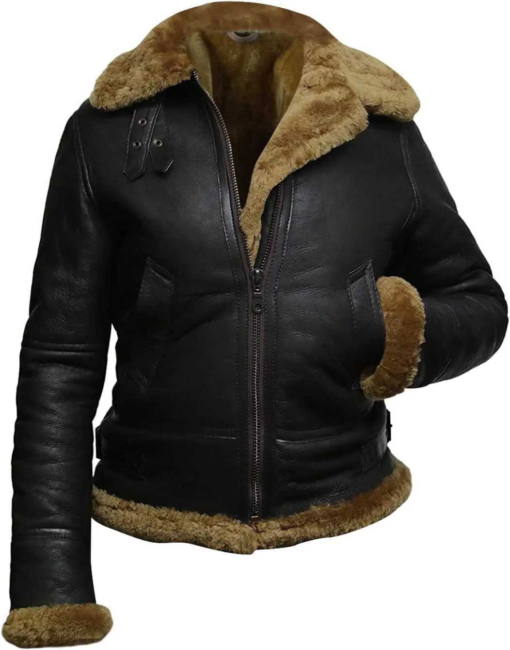 M&K CLOTHING Womens B3 Shearling Bomber Jacket Raf Aviator Pilot Genuine Sheepskin Brown Leather Jacket Removable Hoodie