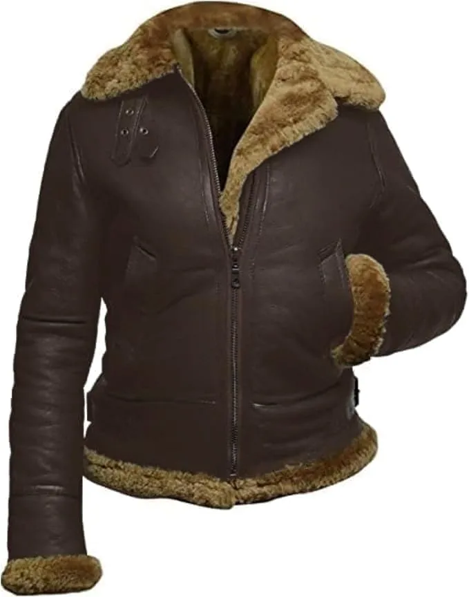M&K CLOTHING Womens B3 Shearling Bomber Jacket Raf Aviator Pilot Genuine Sheepskin Brown Leather Jacket Removable Hoodie