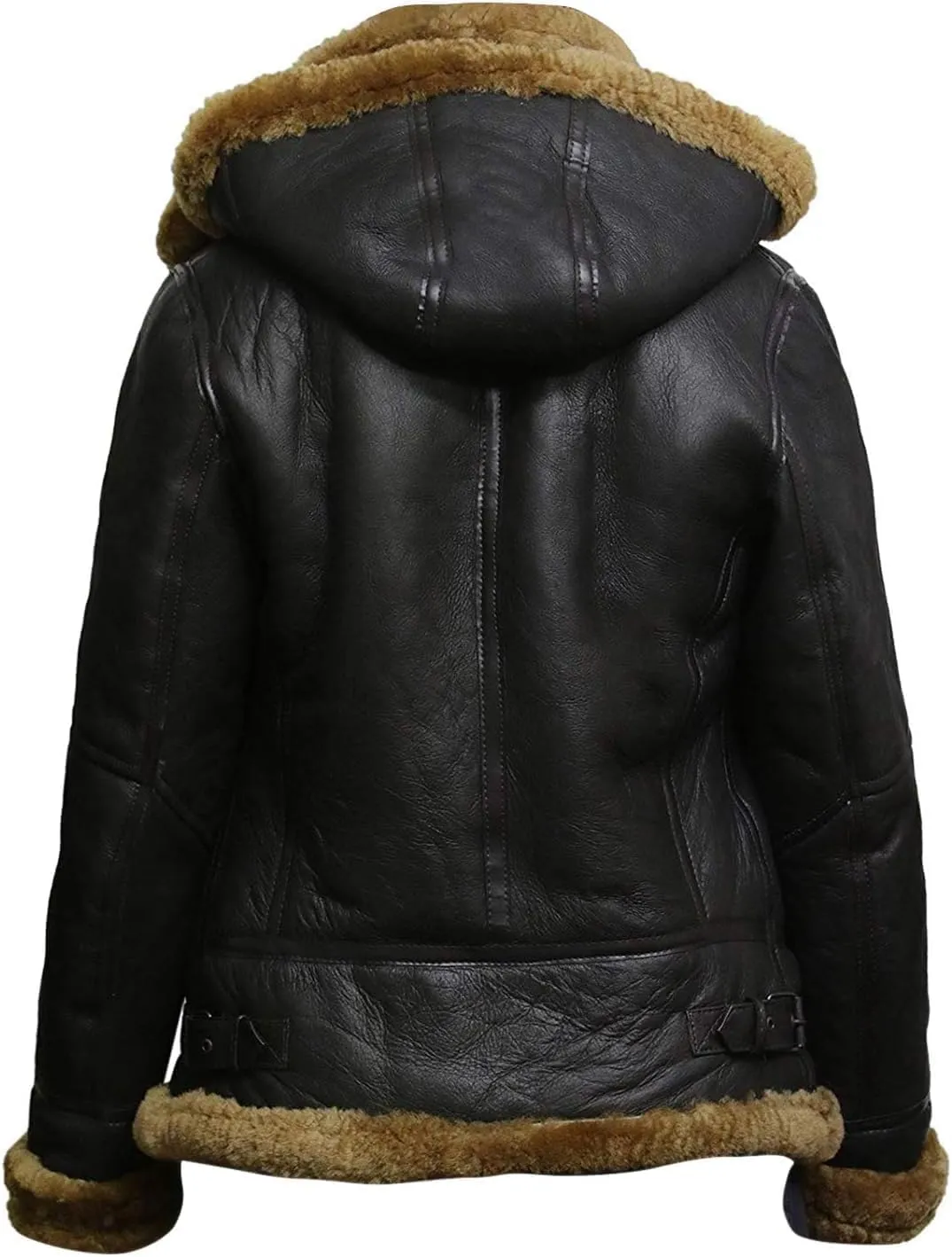 M&K CLOTHING Womens B3 Shearling Bomber Jacket Raf Aviator Pilot Genuine Sheepskin Brown Leather Jacket Removable Hoodie