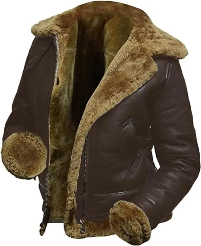 M&K CLOTHING Womens B3 Shearling Bomber Jacket Raf Aviator Pilot Genuine Sheepskin Brown Leather Jacket Removable Hoodie