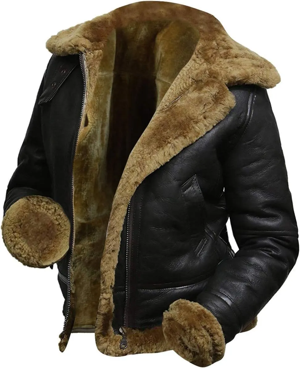 M&K CLOTHING Womens B3 Shearling Bomber Jacket Raf Aviator Pilot Genuine Sheepskin Brown Leather Jacket Removable Hoodie