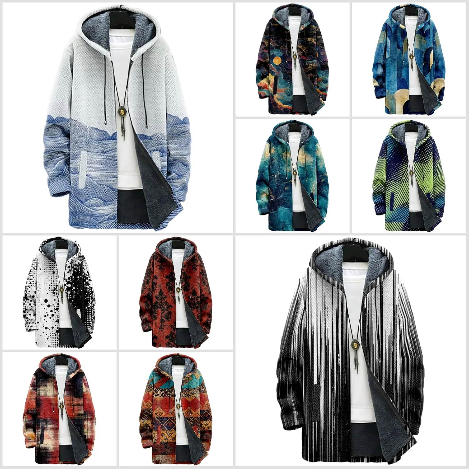 MARSVOVO Ethnic Retro Mens Hooded Cloak Cardigan Long Fleece Lined Slim Fitted Casual Warm Outwear Jacket with Pockets