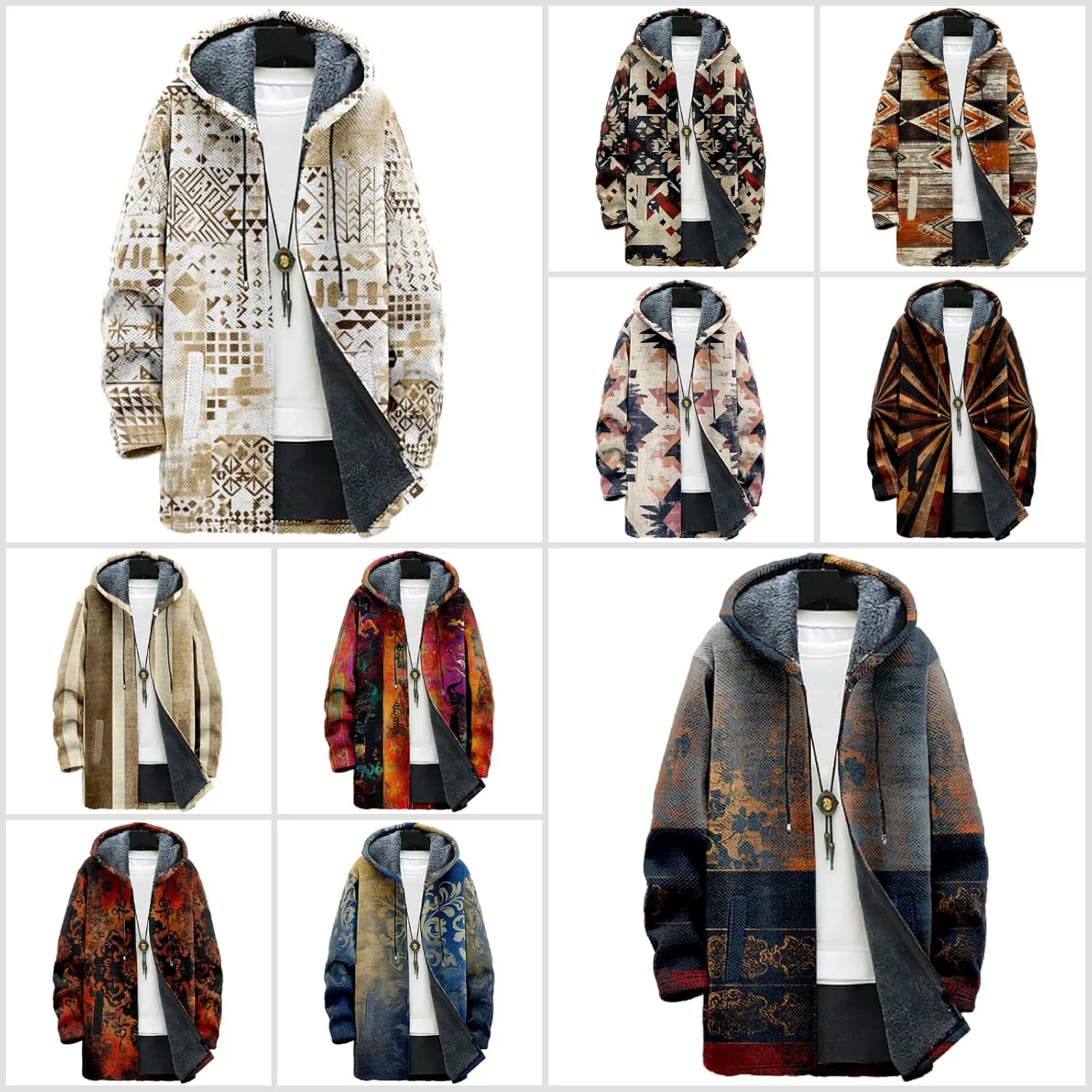 MARSVOVO Ethnic Retro Mens Hooded Cloak Cardigan Long Fleece Lined Slim Fitted Casual Warm Outwear Jacket with Pockets