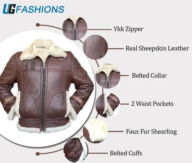 Men RAF B3 Aviator Jacket Flight Pilot Faux Fur Shearling Genuine Sheepskin Leather Winter Jacket