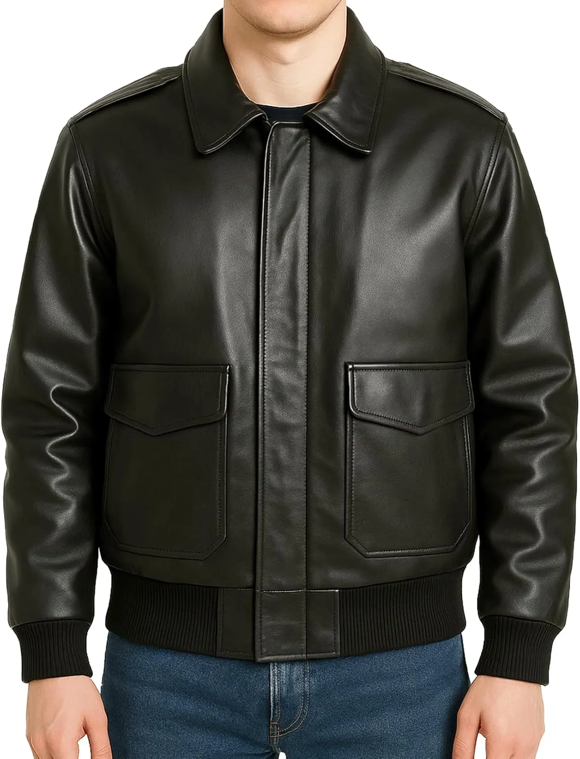 Mens A-2 Leather Bomber Jacket - WWII Aviator Flight Pilot Black Faux Leather Jacket