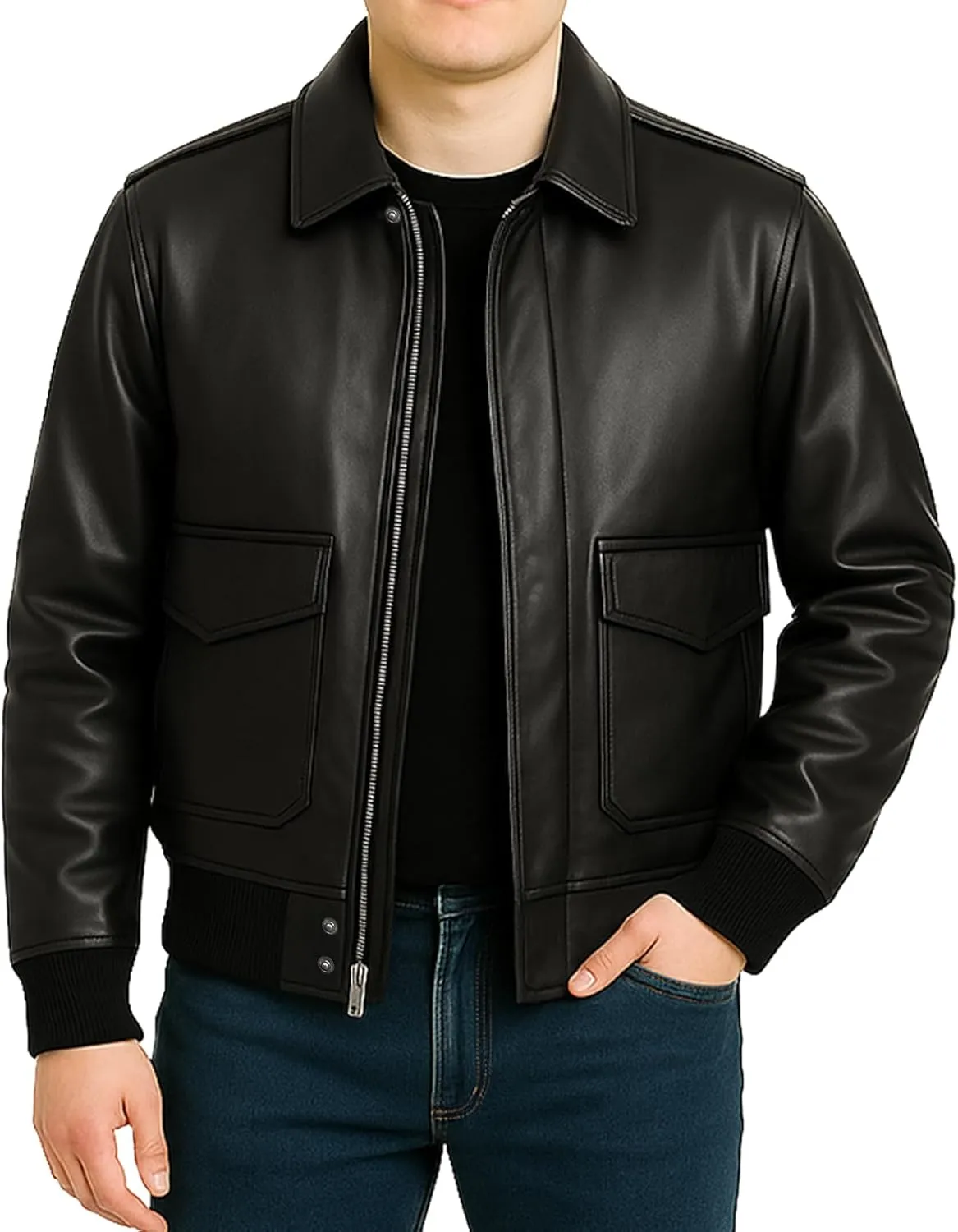 Mens A-2 Leather Bomber Jacket - WWII Aviator Flight Pilot Black Faux Leather Jacket