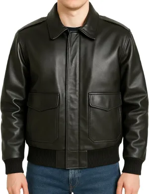 Mens A-2 Leather Bomber Jacket - WWII Aviator Flight Pilot Black Faux Leather Jacket