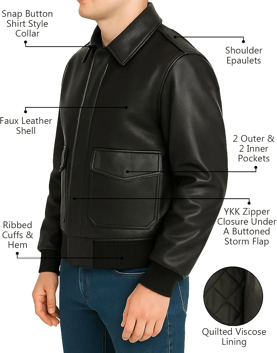 Mens A-2 Leather Bomber Jacket - WWII Aviator Flight Pilot Black Faux Leather Jacket