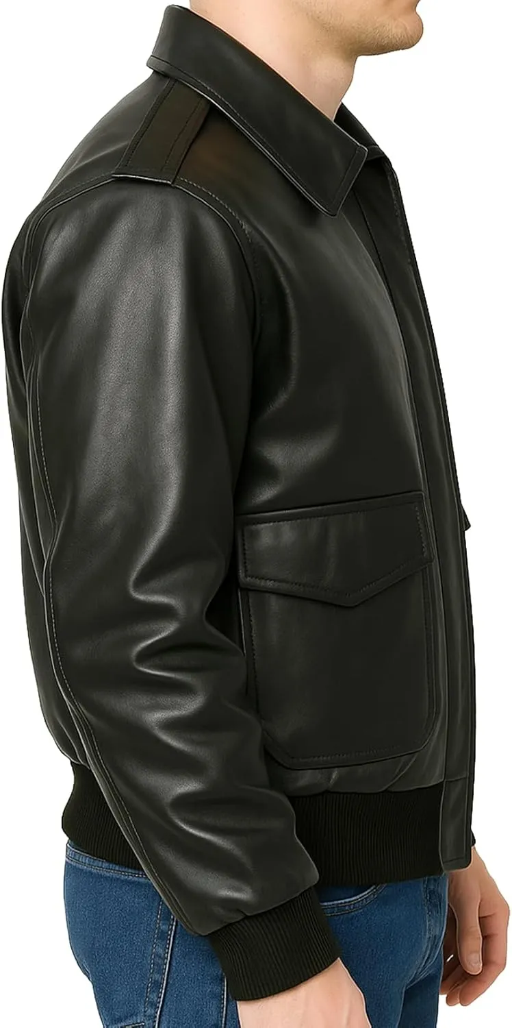 Mens A-2 Leather Bomber Jacket - WWII Aviator Flight Pilot Black Faux Leather Jacket