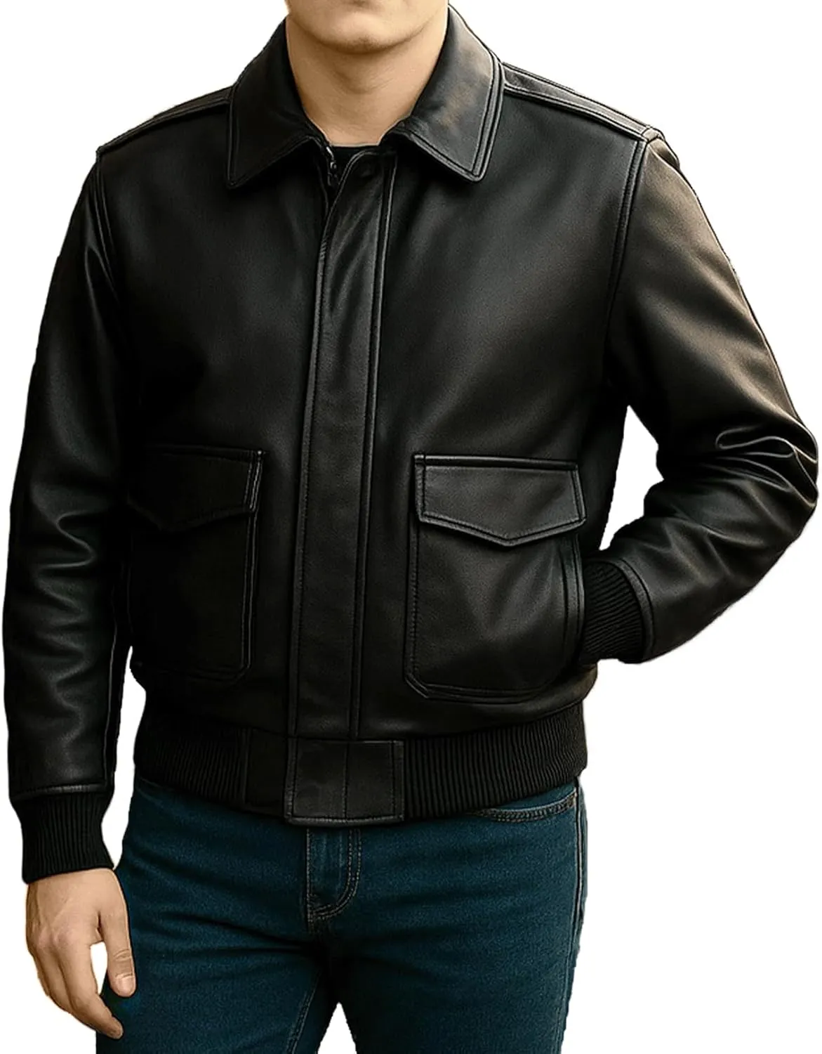 Mens A-2 Leather Bomber Jacket - WWII Aviator Flight Pilot Black Faux Leather Jacket