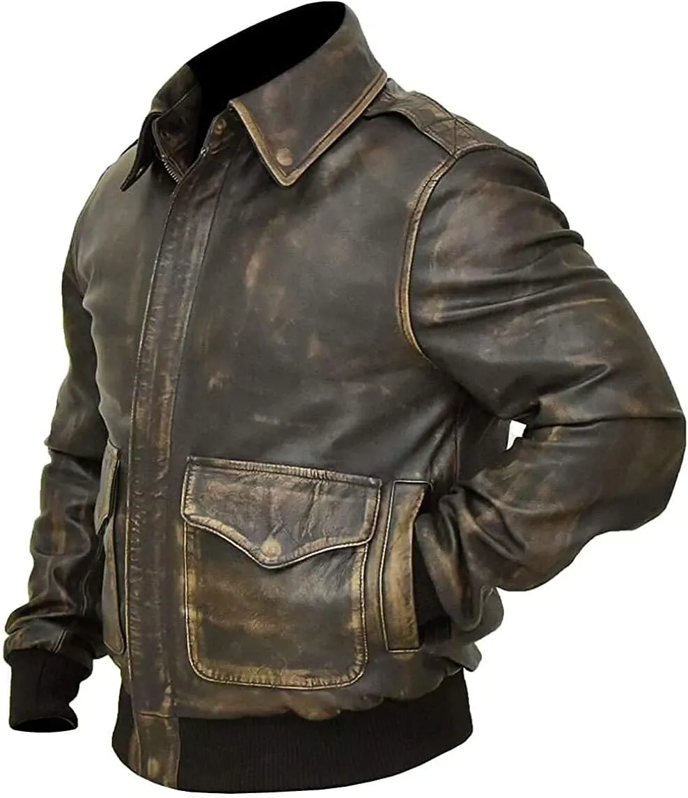 Mens A2 Leather Flight Jacket American Military Pilot Aviator Bomber Leather Coat