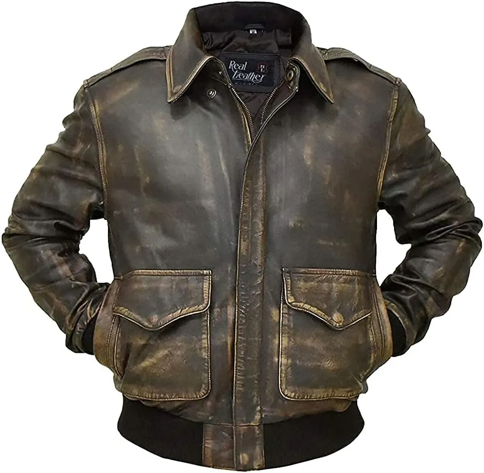 Mens A2 Leather Flight Jacket American Military Pilot Aviator Bomber Leather Coat