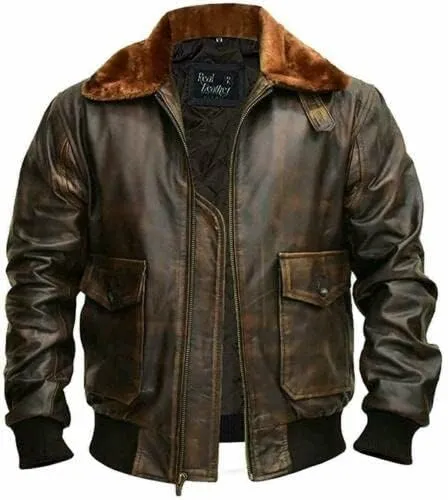 Mens Air Force A2 Bomber Jacket WWII Aviator Flight USAAF Brown Leather Pilot Jacket