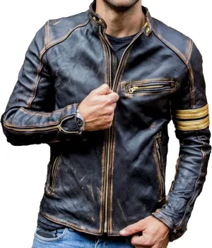 Men's Antique Cafe Racer Motorcycle Retro Vintage Quilted Distressed Leather Biker Black Jacket