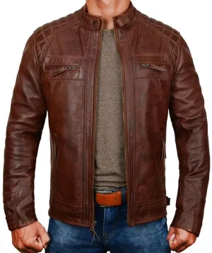 Men's Antique Cafe Racer Motorcycle Retro Vintage Quilted Distressed Leather Biker Black Jacket