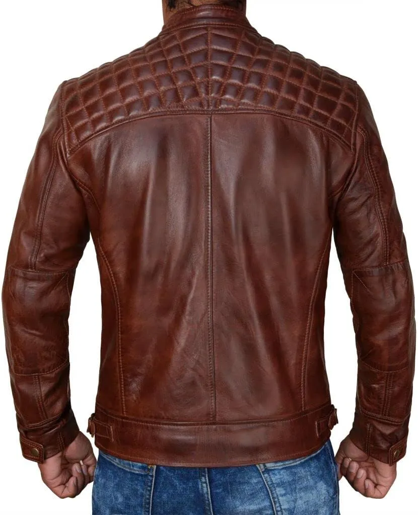 Men's Antique Cafe Racer Motorcycle Retro Vintage Quilted Distressed Leather Biker Black Jacket