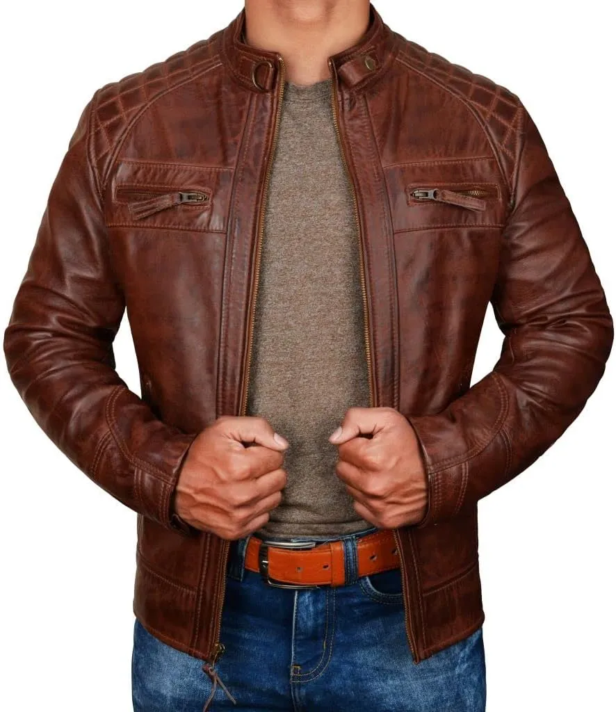 Men's Antique Cafe Racer Motorcycle Retro Vintage Quilted Distressed Leather Biker Black Jacket