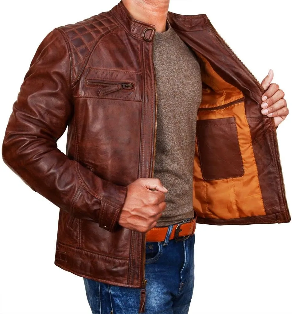 Men's Antique Cafe Racer Motorcycle Retro Vintage Quilted Distressed Leather Biker Black Jacket