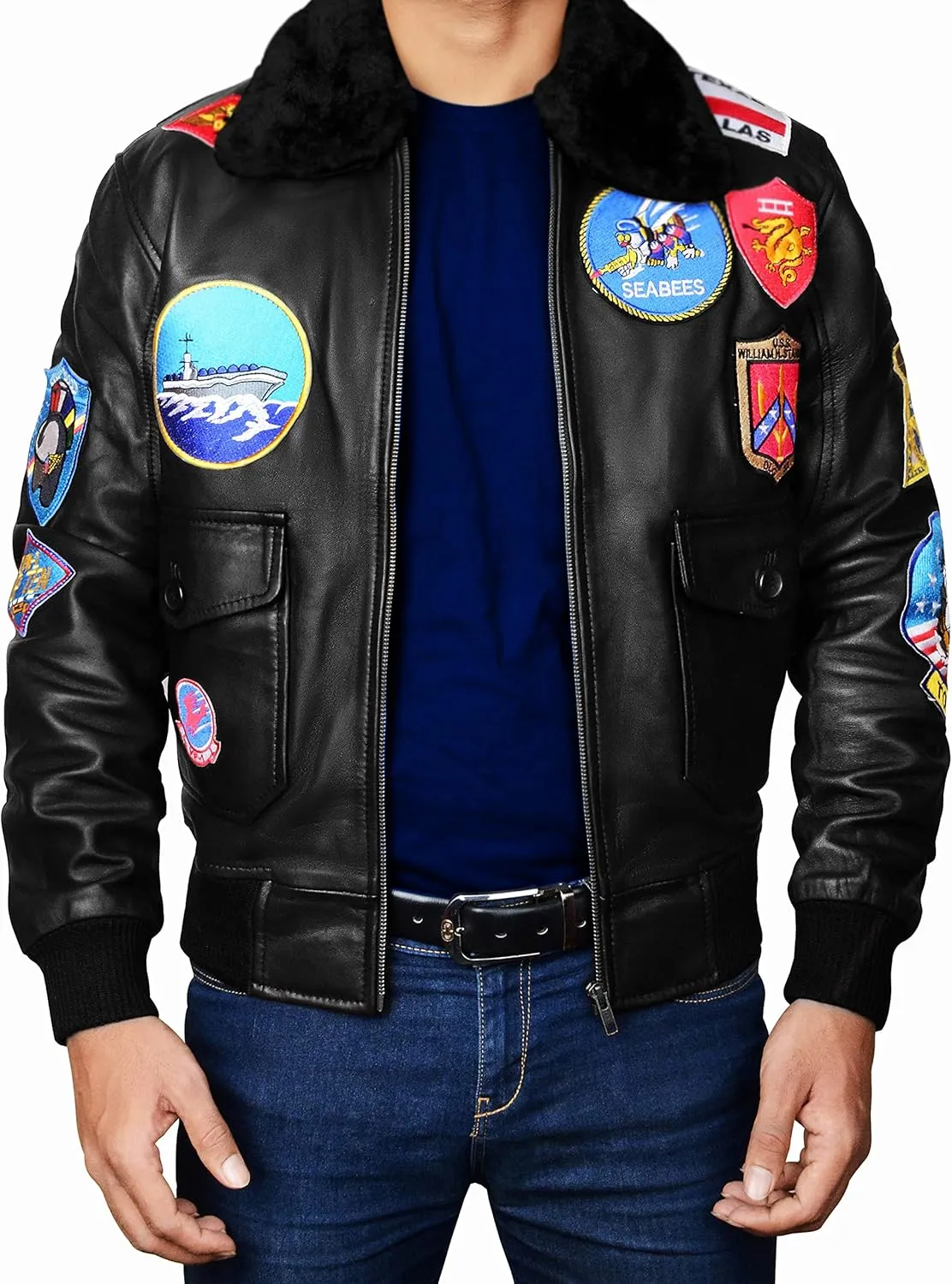 Men's Aviator USAAF Pilot Flying Multiple Patches G1 Bomber Fur Collar Brown Leather Jacket