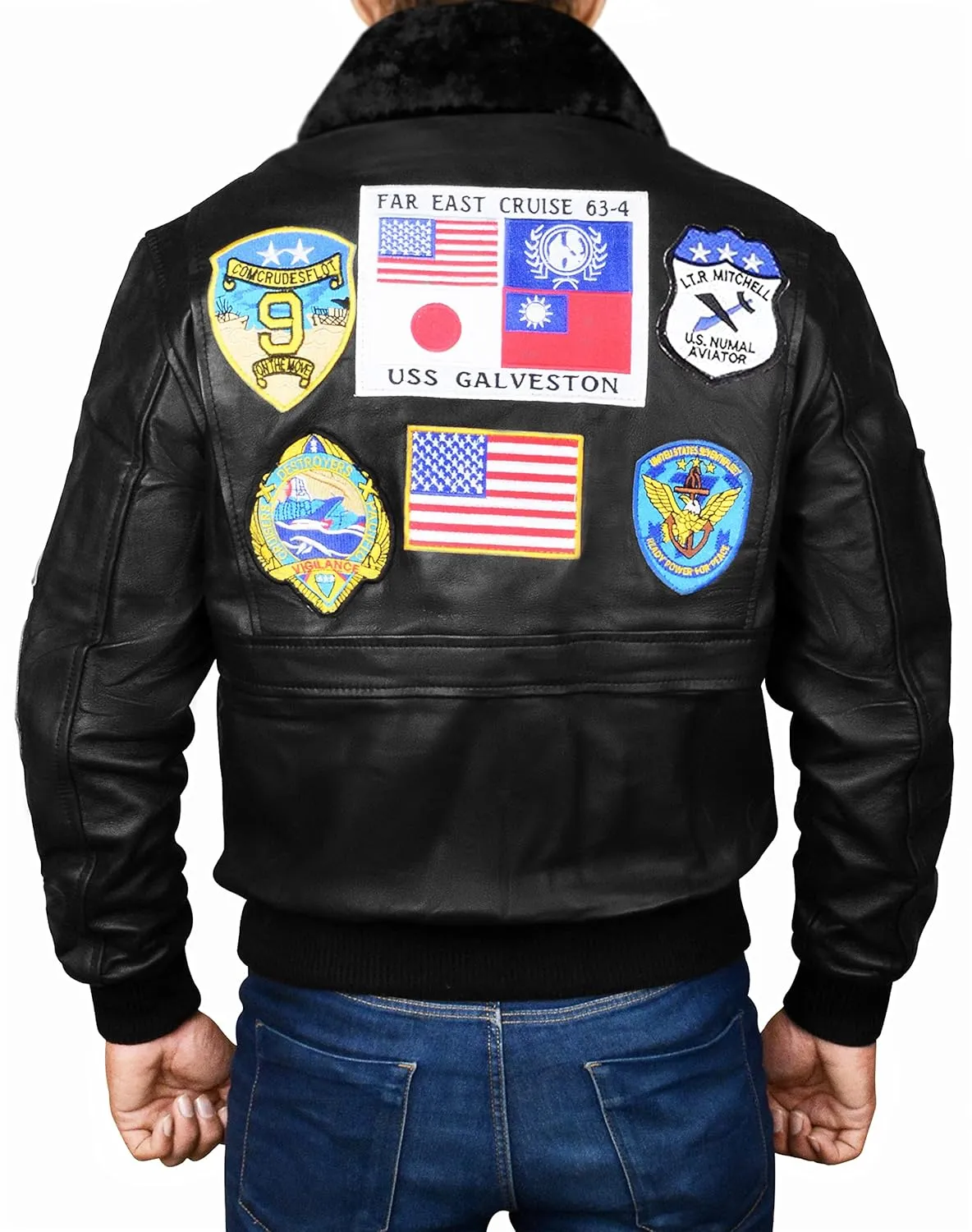Men's Aviator USAAF Pilot Flying Multiple Patches G1 Bomber Fur Collar Brown Leather Jacket
