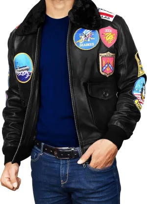 Men's Aviator USAAF Pilot Flying Multiple Patches G1 Bomber Fur Collar Brown Leather Jacket
