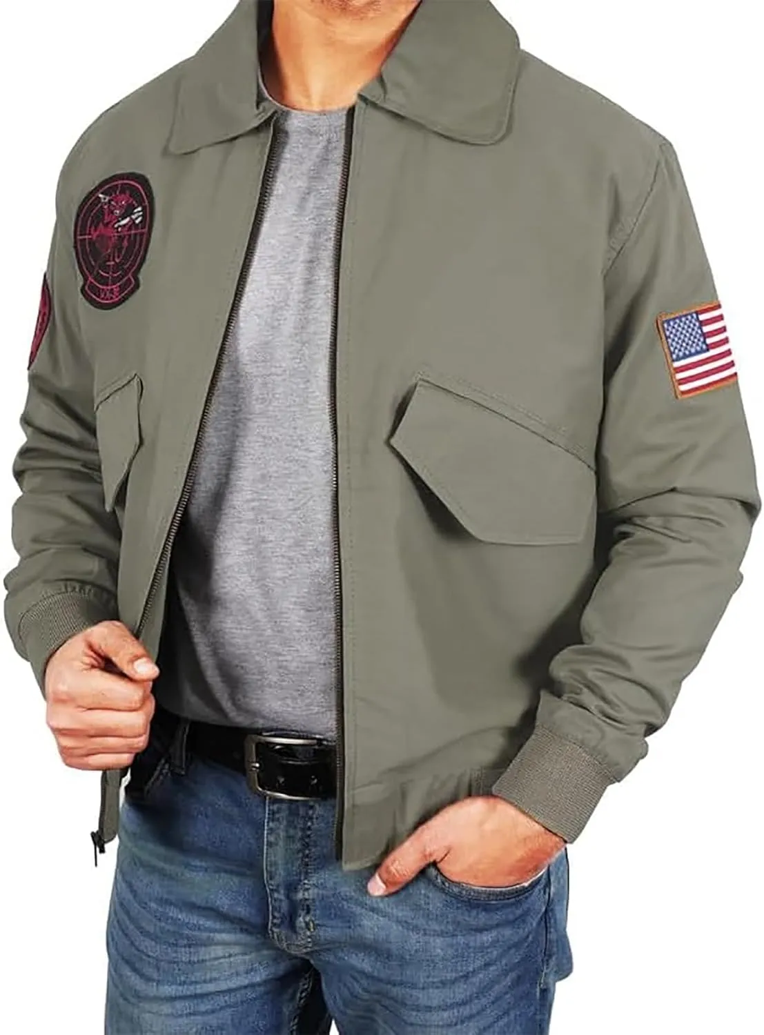 Men's Aviator USAAF Pilot Flying Multiple Patches G1 Bomber Fur Collar Brown Leather Jacket