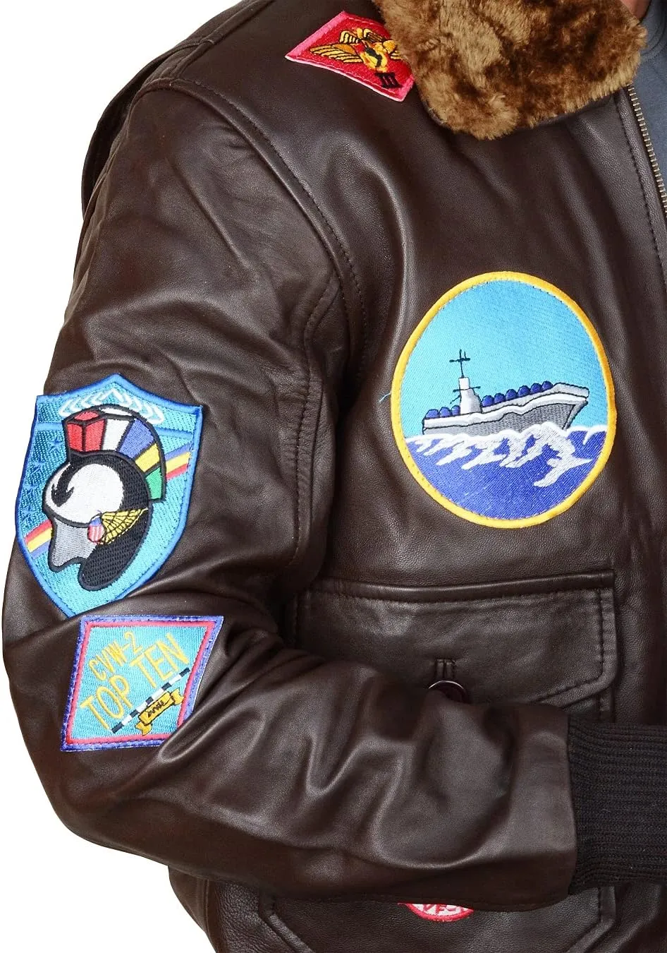 Men's Aviator USAAF Pilot Flying Multiple Patches G1 Bomber Fur Collar Brown Leather Jacket