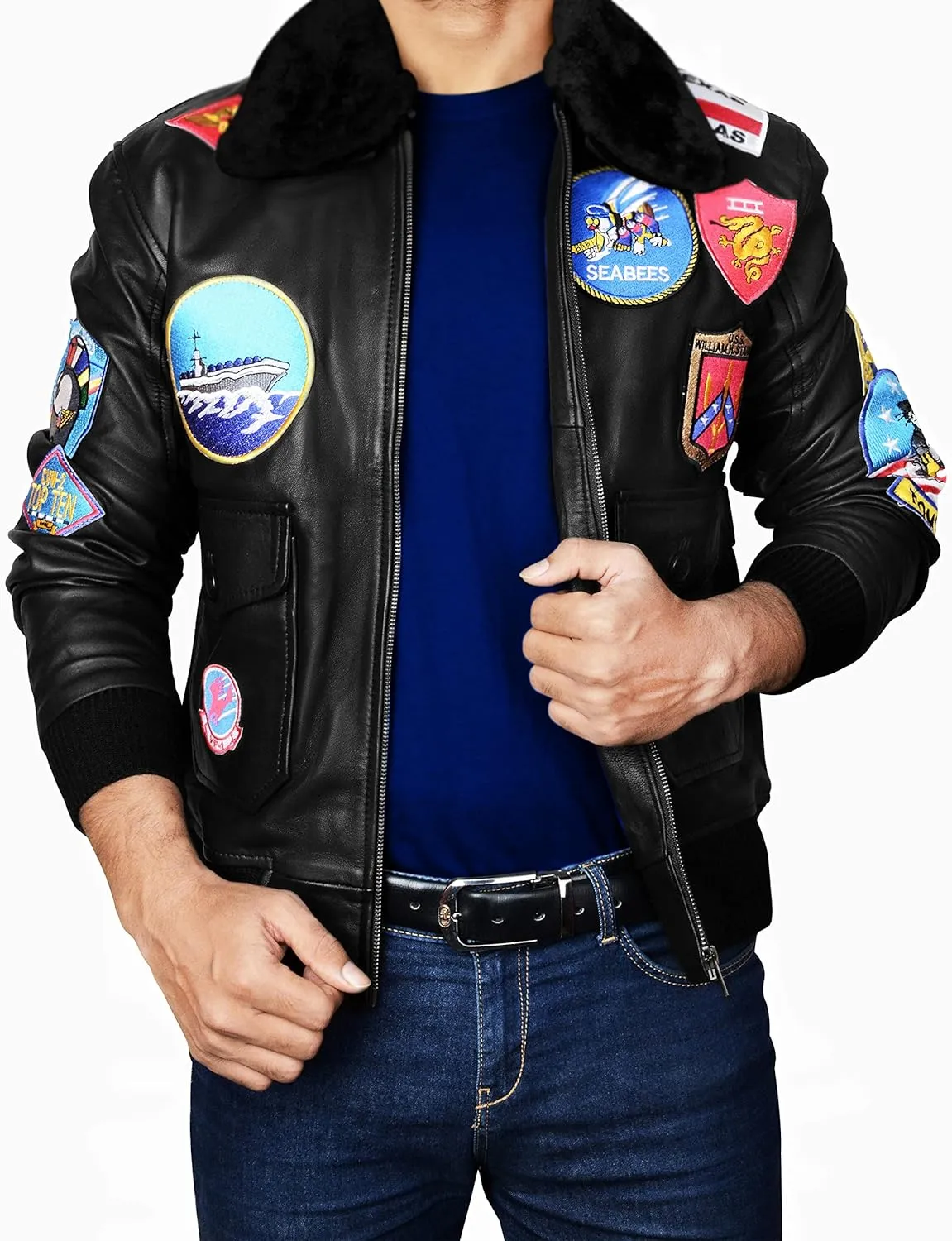 Men's Aviator USAAF Pilot Flying Multiple Patches G1 Bomber Fur Collar Brown Leather Jacket