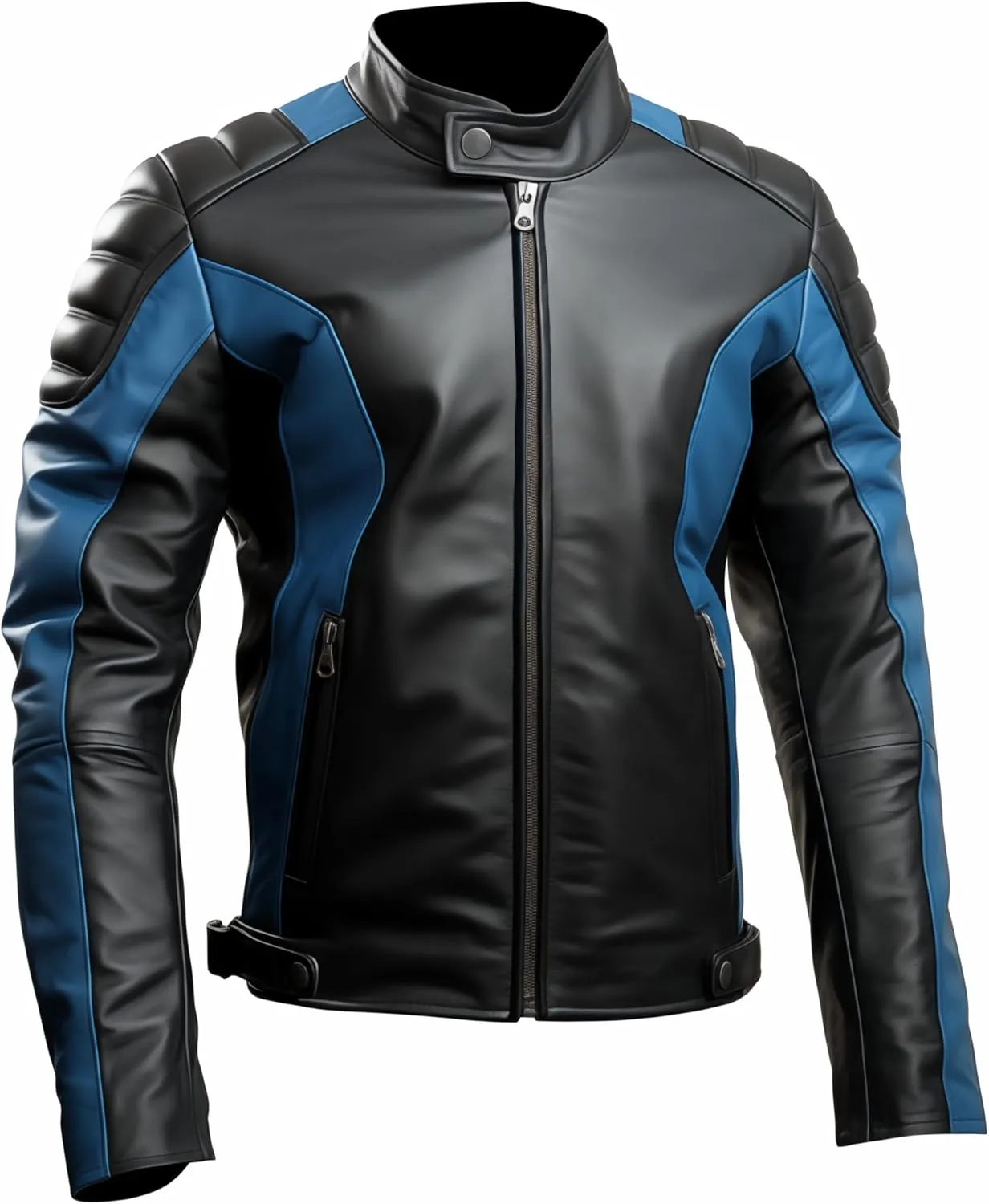 Men's Black & Blue Genuine Leather Jacket | Slim Fit | Cafe Racer | Quilted Shoulders | Stylish Biker Zip-Up