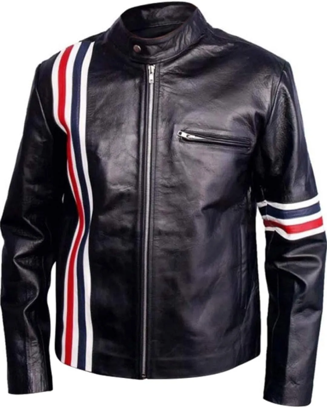 Mens Black Leather Biker Jacket, Fully Lined, USA Flag Back, Multiple Zip Pockets, Red White Blue Accents