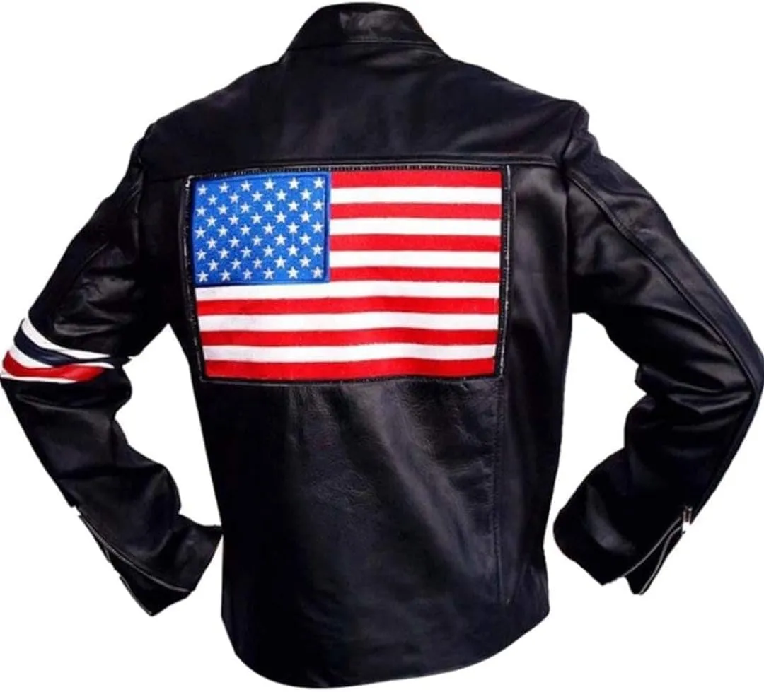 Mens Black Leather Biker Jacket, Fully Lined, USA Flag Back, Multiple Zip Pockets, Red White Blue Accents