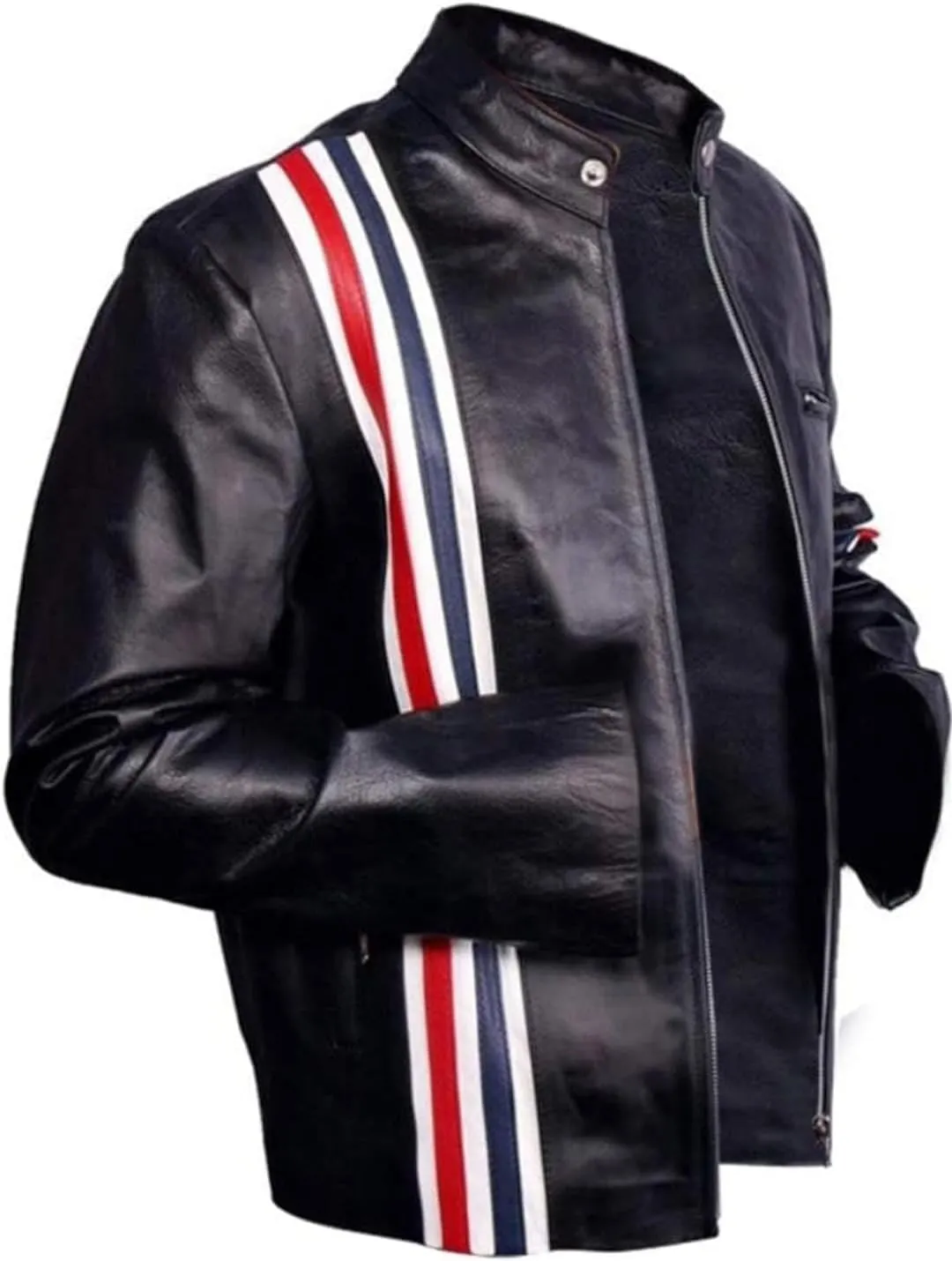 Mens Black Leather Biker Jacket, Fully Lined, USA Flag Back, Multiple Zip Pockets, Red White Blue Accents