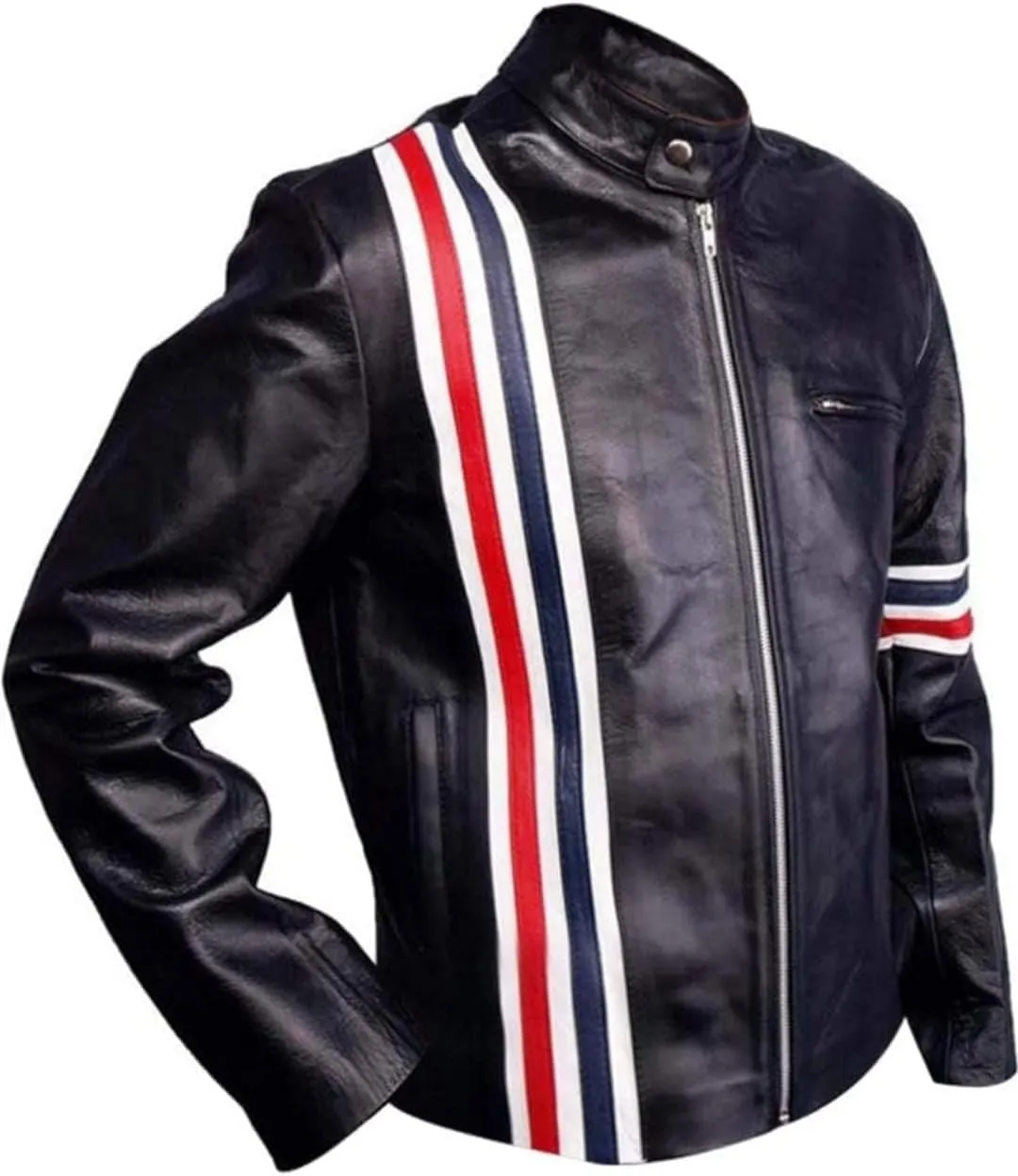 Mens Black Leather Biker Jacket, Fully Lined, USA Flag Back, Multiple Zip Pockets, Red White Blue Accents
